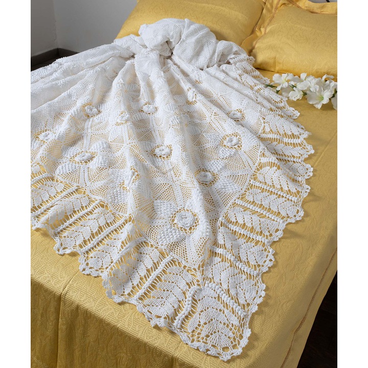 Cuvertura tricotata manual, Silk Fashion, bumbac, 225 x 250 cm, alb