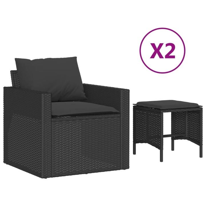 Set mobilier de gradina cu perne, vidaXL, 4 piese, negru, poliratan, 21.4 kg 366359