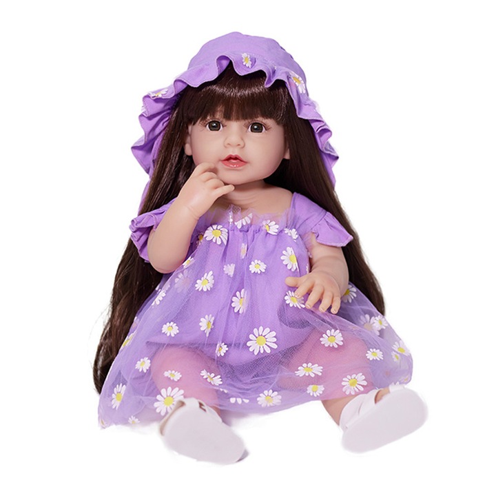 Gyerekbaba, Ibebe, 50cm, Teljes bakelit test, hosszú barna hajjal