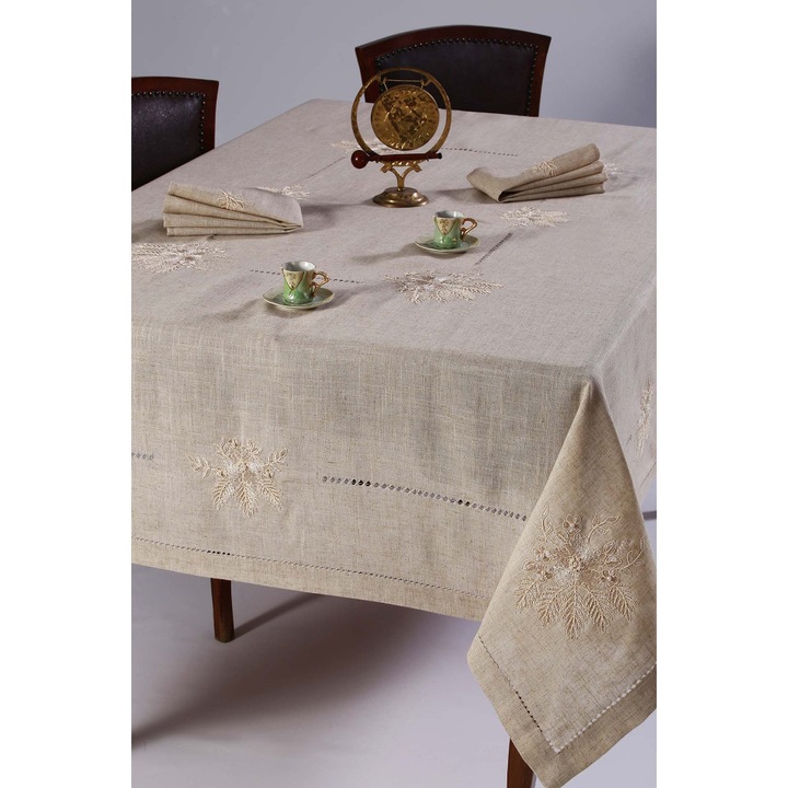 Set fata de masa si 12 sevetele Silk Fashion, cu broderie si perle, 160x300cm, bej