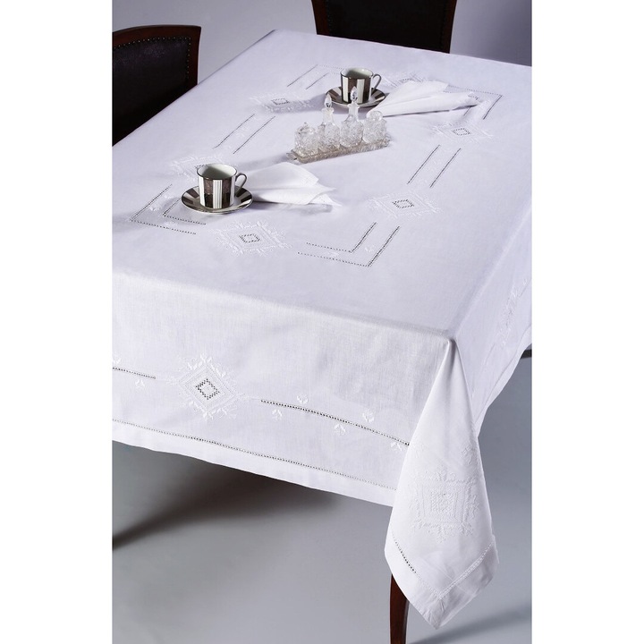 Fata de masa, Silk Fashion, Bumbac, 170 x 220 cm, 8 Prosoape brodate, Alb