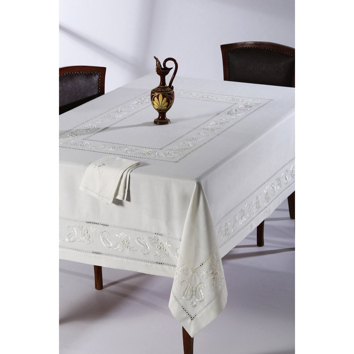 Fata de masa si 12 servetele brodate, Silk Fashion, Alb, 170x270 cm