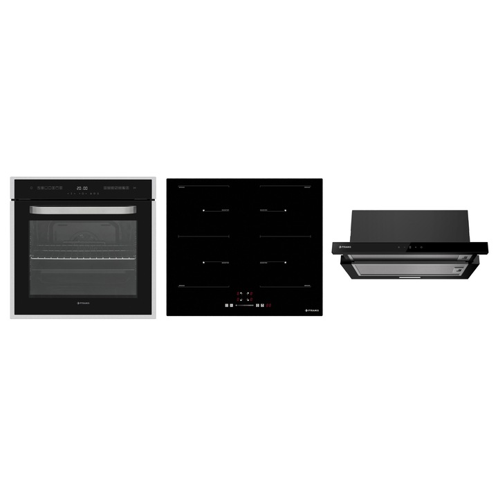 Pachet Pyramis 36P, cuptor electric incorporabil, plita inductie si hota telescopica, 9 moduri de operare, clasa A, volum 78 litri, functii de gatit automate, 4 zone inductie, 2 zone Bridge, Power Management, finisaj sticla neagra si inox