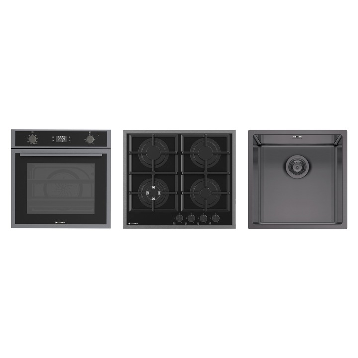 Pachet Pyramis 22P PVD Metal Gun, cuptor electric incorporabil, plita gaz si chiuveta inox, 8 functii, clasa A, volum 64 litri, soft close, autocuratare catalitica, AIRFRY, ROTISOR, 4 arzatoare, wok, gratare fonta, finisaj full PVD