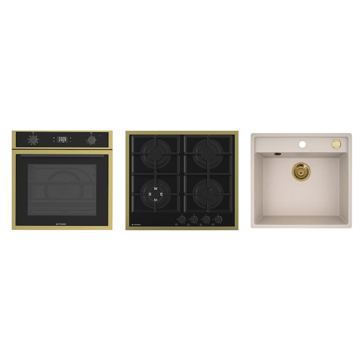 Pachet Pyramis 23P PVD Gold, cuptor electric incorporabil, plita gaz si chiuveta granit, 8 functii, clasa A, volum 64 litri, soft close, autocuratare catalitica, AIRFRY, ROTISOR, 4 arzatoare, wok, gratare fonta, valva automata, finisaj full PVD