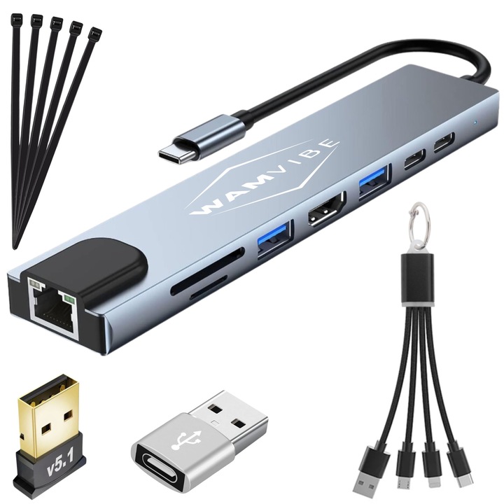Хъб WAMVIBE™ 8 в 1 USB Type-C към HDMI 4K адаптерен, PD 100W порт за зареждане, Ethernet LAN, четец на карти, USB 3.0, USB-C данни, докинг станция, USB Type C към Type A адаптер, BT 5.1 адаптер, кабел, Със зарядно устройство 3 в 1 и органайзер за кабели