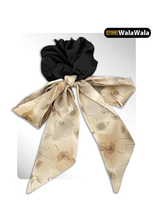 Elastic pentru par din satin cu fundita, in culori galben pastel si negru, stil retro si elegant, material moale, antistatic, previne incretirea si ruperea parului, accesoriu fashion pentru femei si fete