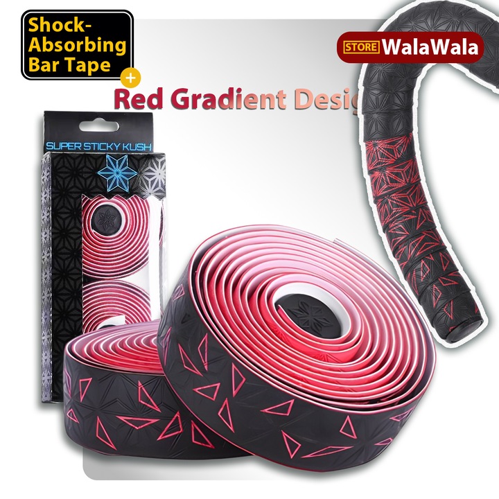 Set 2 benzi ghidon (ghidolina) bicicleta 2100×30 mm, banda antiderapanta cu absorbtie a socurilor, design rosu gradient cu detalii negru, material moale si confortabil, dopuri ABS incluse, instalare usoara