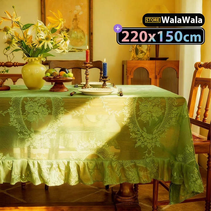 Fata de masa dreptunghiulara, poliester premium, dantela cu model floral, verde salvie, 150x220cm, decor elegant pentru masa, petreceri, Craciun