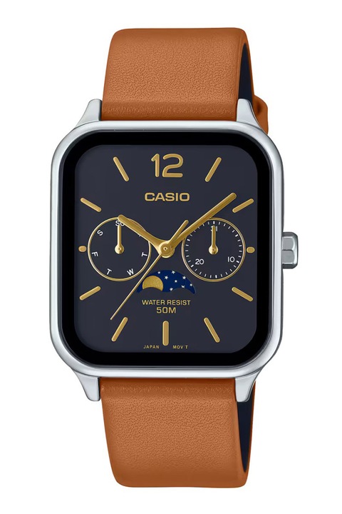 Casio, Унисекс часовник от неръждаема стомана с кожена каишка, Сребрист, Оранжев