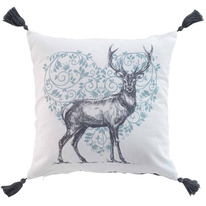 Dekoratív párna nyomattal és bojttal, 40 x 40 cm, pamut