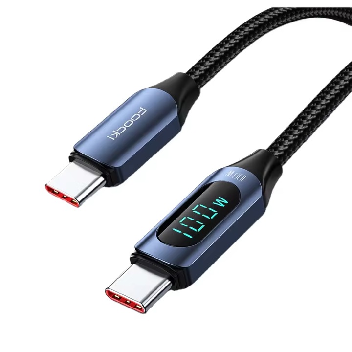 Adat-/töltőkábel, USB Type-C - USB Type-C 100W, 5A, 1m, kijelző, fekete