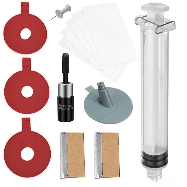 Kit complet pentru reparatii parbriz auto, pentru indepartarea aschiilor si zgarieturilor minore, adeziv de rasina, aplicator, folie acoperire, Dactylion®