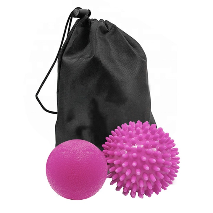 Комплект 2 топки таралеж и топка, за масаж, възстановяване, релакс, тонизиране, AllizBan, 7.5см/6см, Лилаво