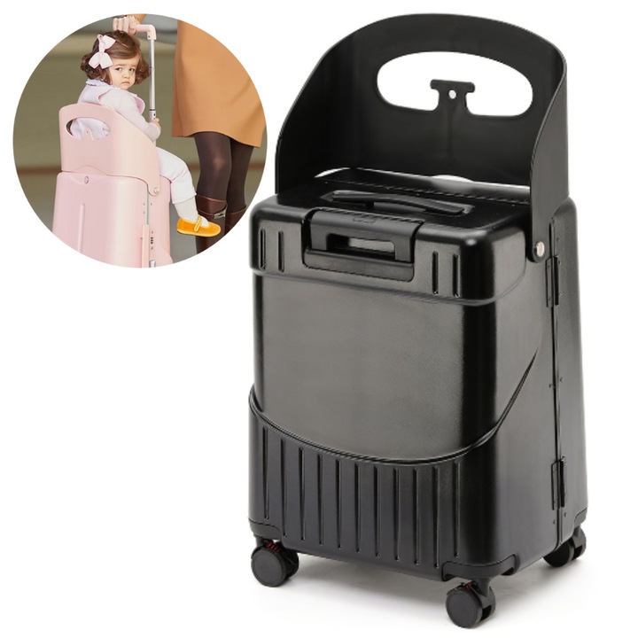 Troller 2 in 1 cu scaun reglabil 3 pozitii, maner ajustabil, roti silentioase si cod de blocare TSA – KASEVY® Negru