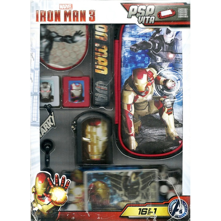 Set accesorii 16 in 1, DIVERSE, tematica "Avengers - Iron Man", pentru Sony PSP