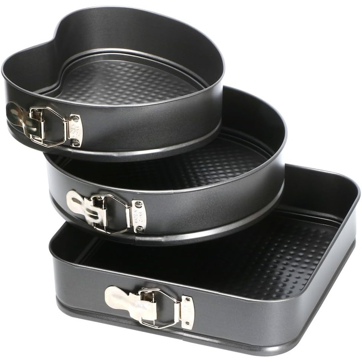 Set 3 forme prajituri, otel carbon, antiaderente, negru, 26.5 x 26.5 x 6.5 cm