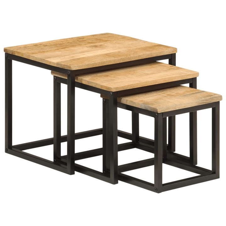 Set masute de cafea suprapuse vidaXL, 3 buc., lemn masiv de mango/fier, 10.95 Kg