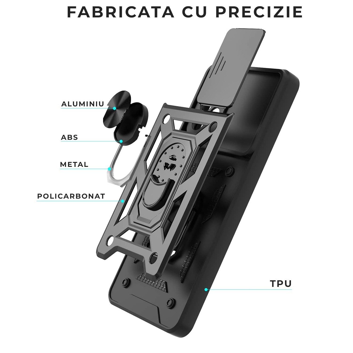 Husa cu inel rotativ 360 pentru Samsung A34 5G, Hybrid Antisoc, Slider pentru protectia camerei, PremiumCell, Negru
