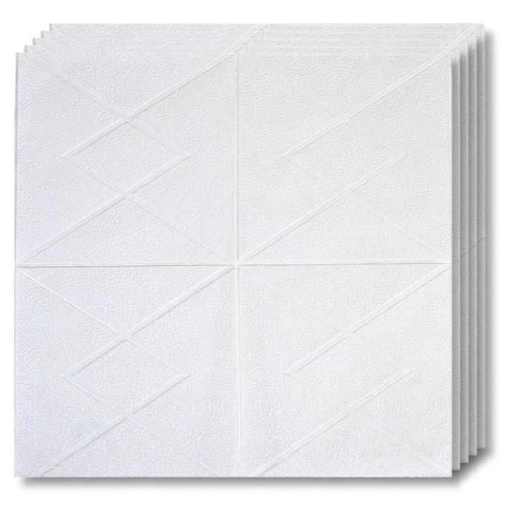 Set 10x Placi Tavan 3D Tapetoo Home Decor®, Design modern, linii albe, rezistent la umezeala, 3mm grosime, autoadeziv, 70 x 70cm, 4, 9mp