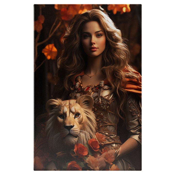 Tablou Canvas: Zodia leu, fata in stil zodie Frumusete, Costum, intuneric, Fotomodel, Design floral, leu, blond Pictura Digitala 60x40CM