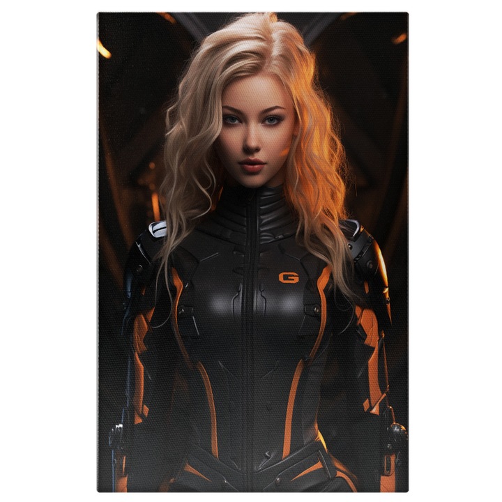 Tablou Canvas: Femeie spion Frumusete, Blond, intuneric, Moda, Design vestimentar, Fotomodel, Caracter fictional, Pictura Digitala 70x50CM