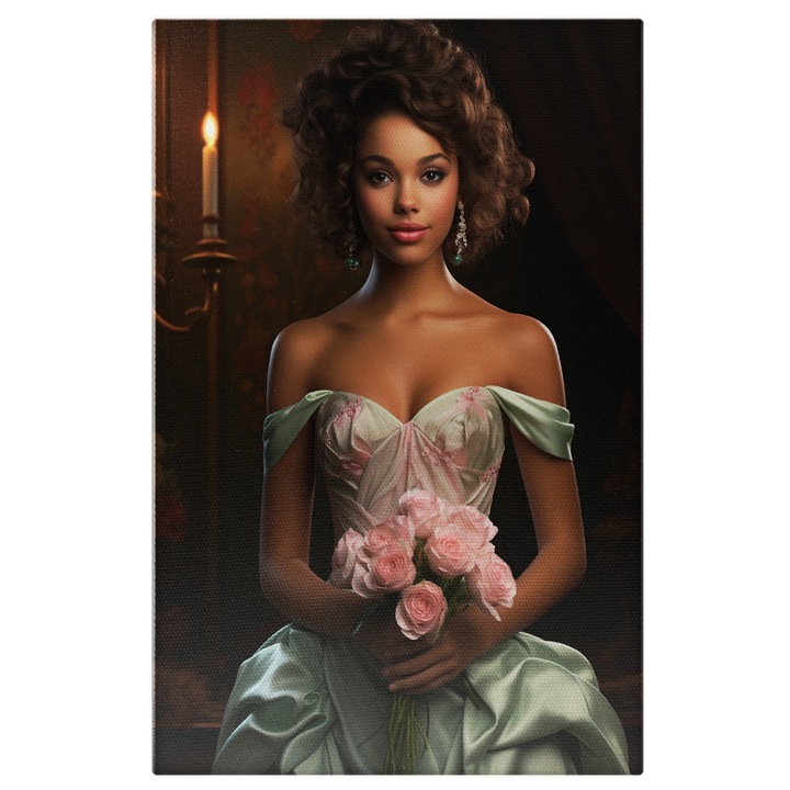 Tablou Canvas: Tiana din printesa si broscoiul la nunta Buchet, Accesorii de mireasa, imbracaminte de mireasa, par saten Pictura Digitala 70x50CM