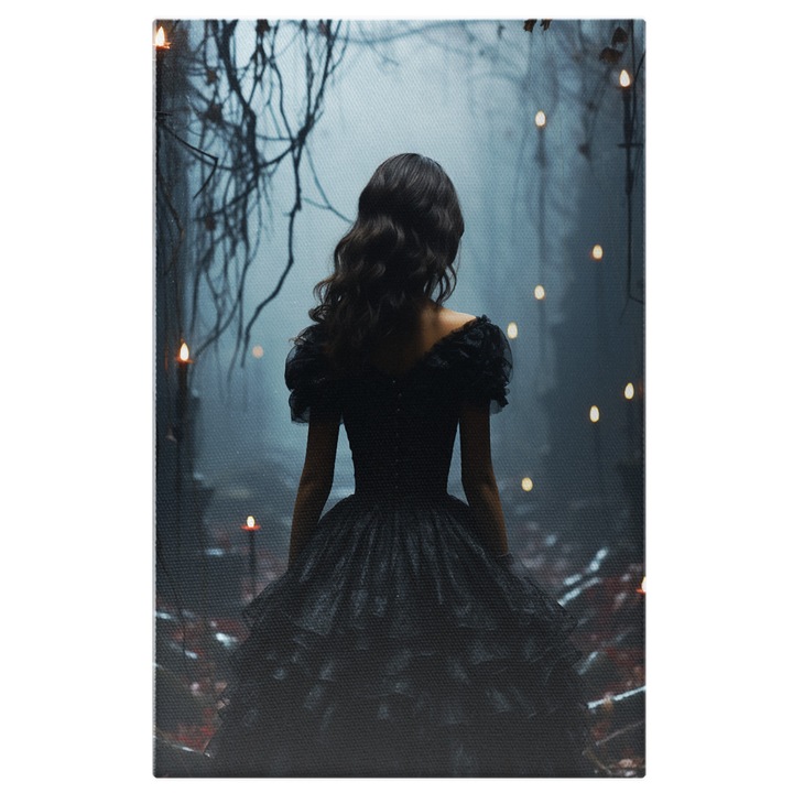 Tablou Canvas: Nunta in negru Frumusete, Brunet, Accesorii de mireasa, Lucrari de arta, intuneric, padure, lumanari Pictura Digitala 100x70CM