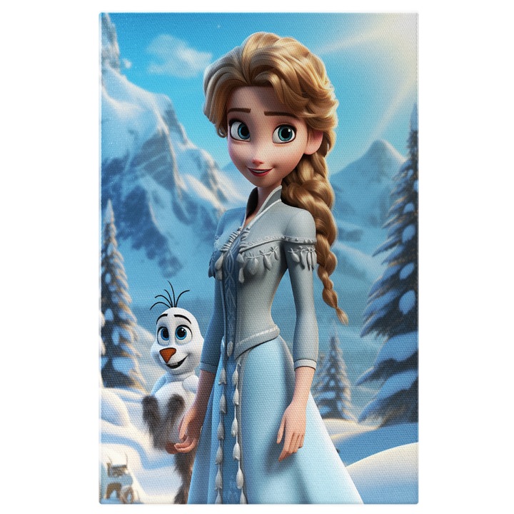 Tablou Canvas: Elsa, printesa Frozen si prietenul Olaf in padurea inzapezita -pentru Iubitorii de desene animate Pictura Digitala 60x40CM