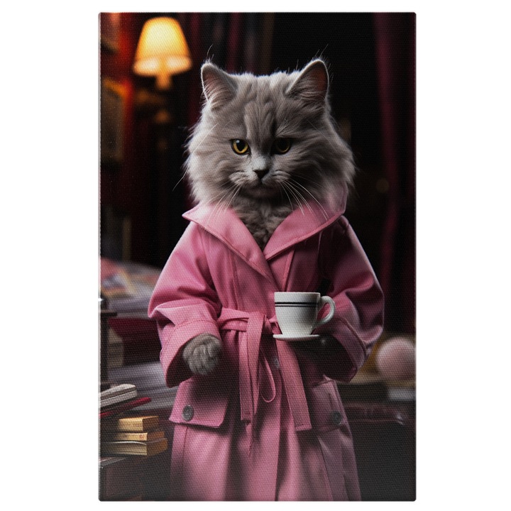 Tablou Canvas: Pisica gri imbracata in palton roz savurand o cana de cafea in living-Arta digitala Pictura Digitala 90x60CM