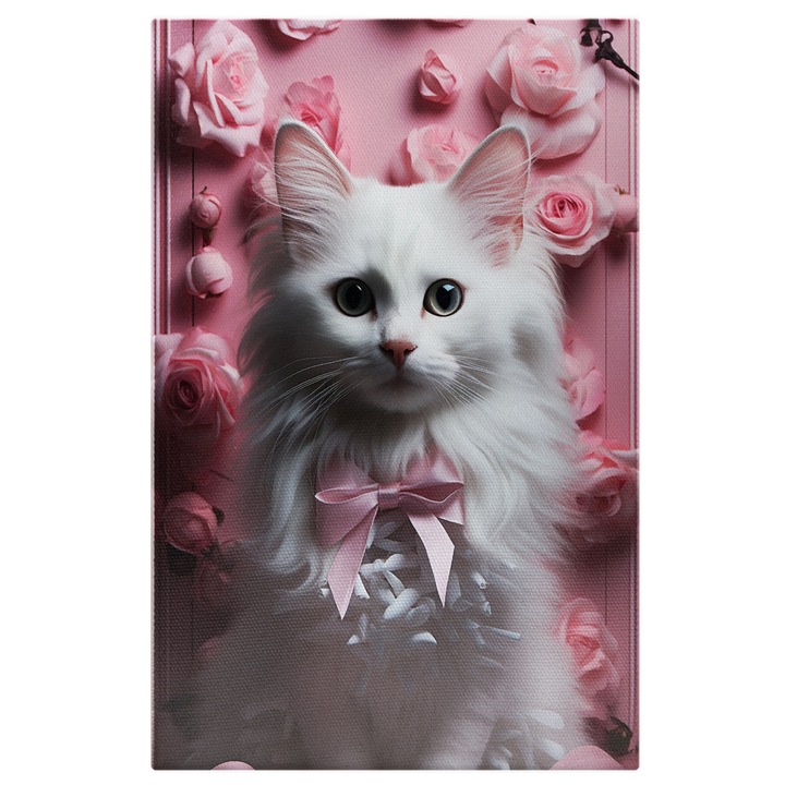 Tablou Canvas: Pisica cu blana alba si cu papion roz pe fundalul de trandafiri roz-pentru Iubitorii de pisici si motani Pictura Digitala 100x70CM