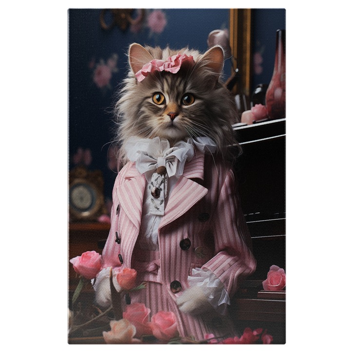 Tablou Canvas: Pisica in costum elegant roz cu fundita pe cap cu inspiratie vintage -Animal art Pictura Digitala 40x25CM