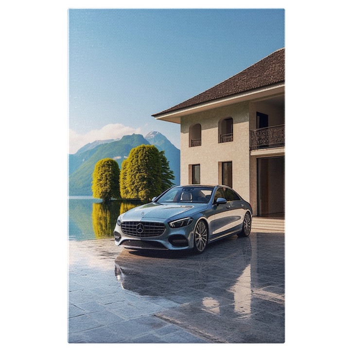 Tablou Canvas: Masina de lux Mercedes - bolid in fata casei prezentare Pictura Digitala 40x25CM