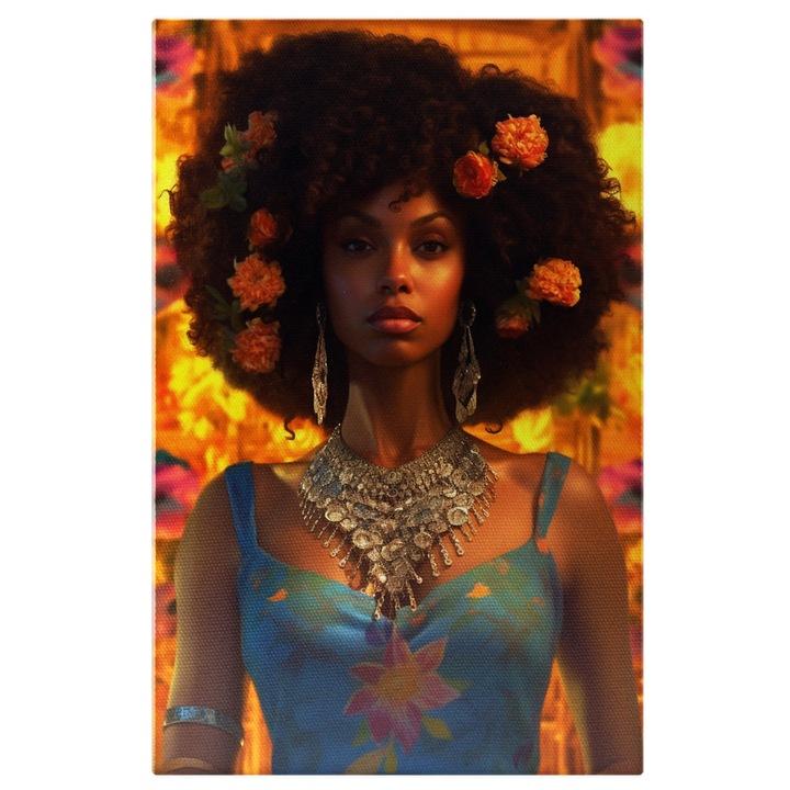 Tablou Canvas: Portret feminin - afro flori in par seriozitate decorata bijuterii Pictura Digitala 90x60CM