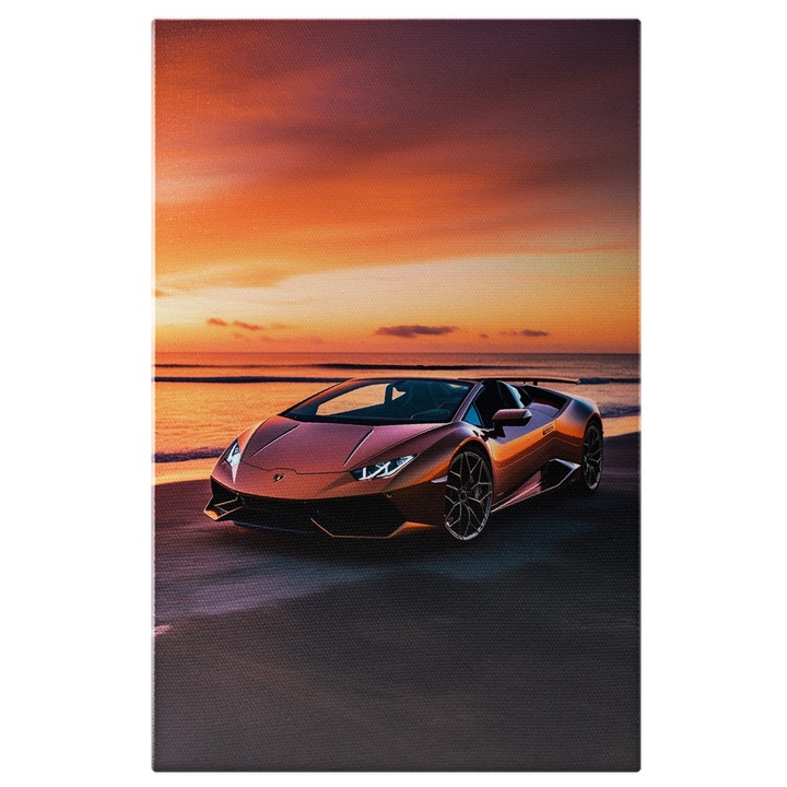 Tablou Canvas: Masina Lamborghini pe plaja - apus de soare vehicul de lux Pictura Digitala 40x25CM