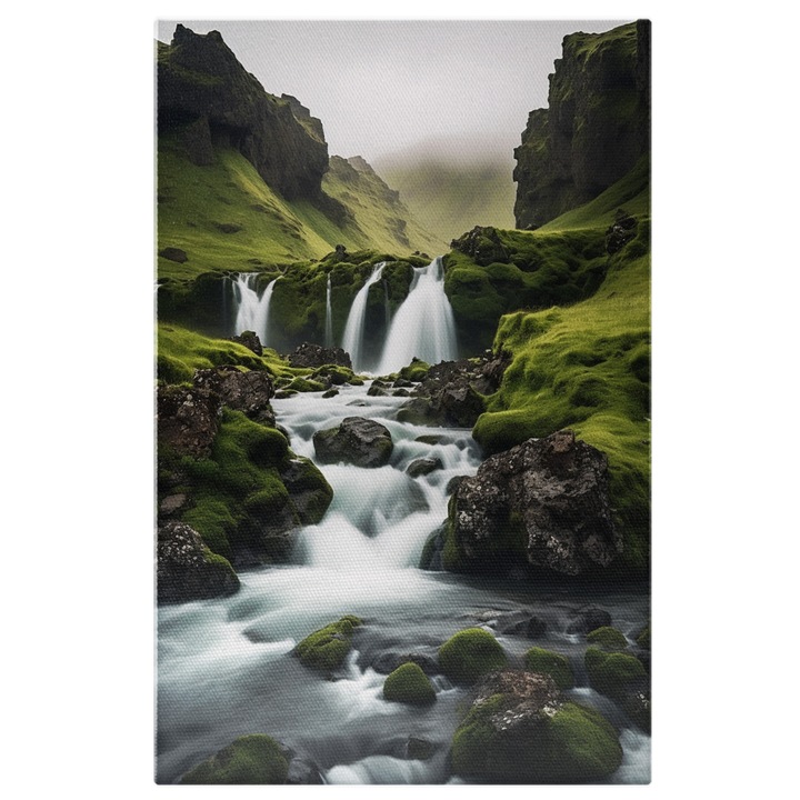 Tablou Canvas: Peisaj cu un rau - stanci de o parte si de alta verdeata Pictura Digitala 100x70CM