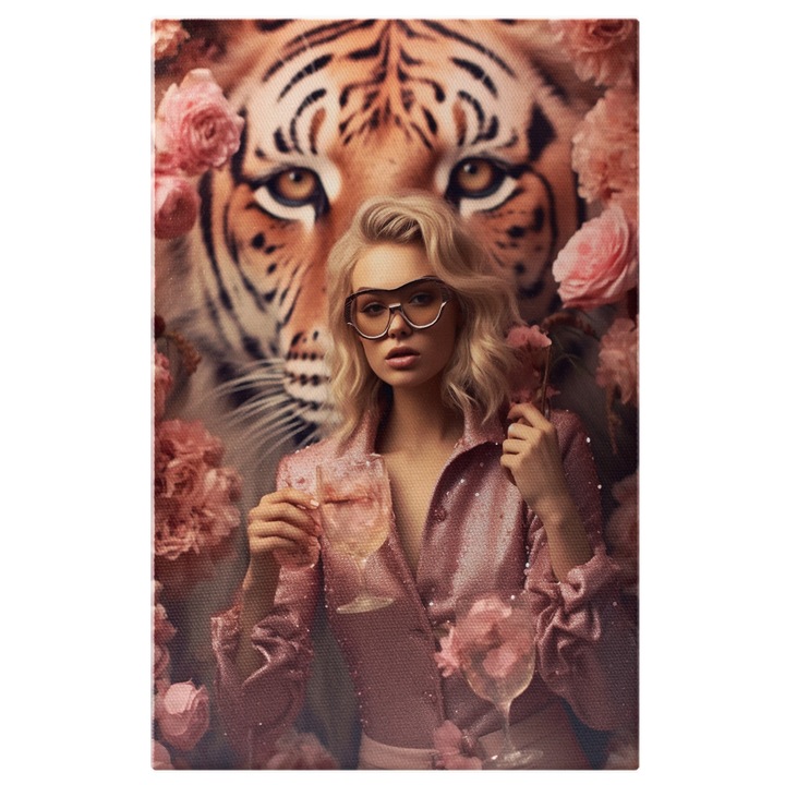 Картина на платно: Руса жена с очила - тигър зад очила с цветя Дигитална картина 100x70CM