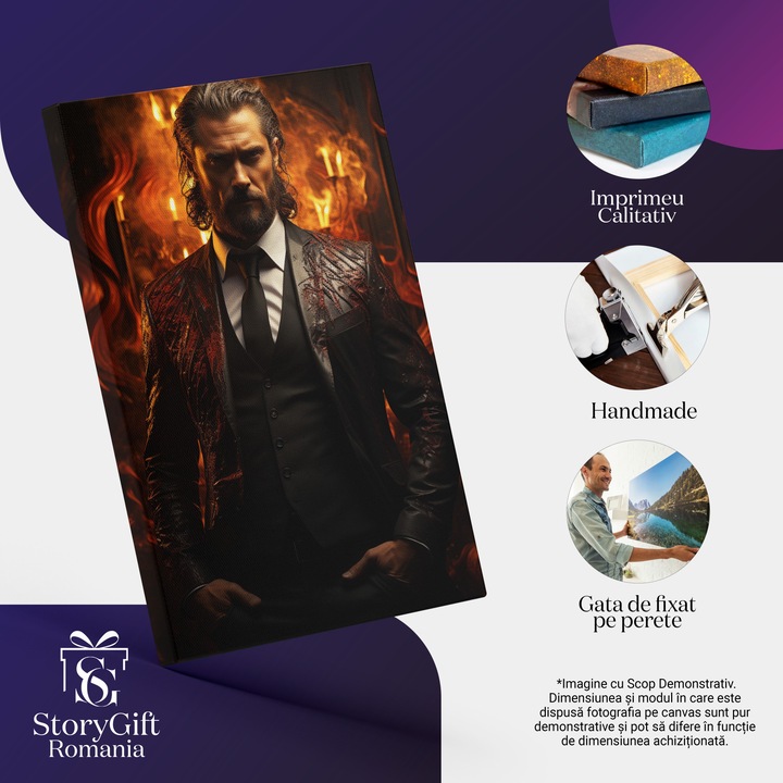 Картина на платно: Мъж с брада в костюм - пламъци зад изгоряло яке Дигитална картина 100x70CM