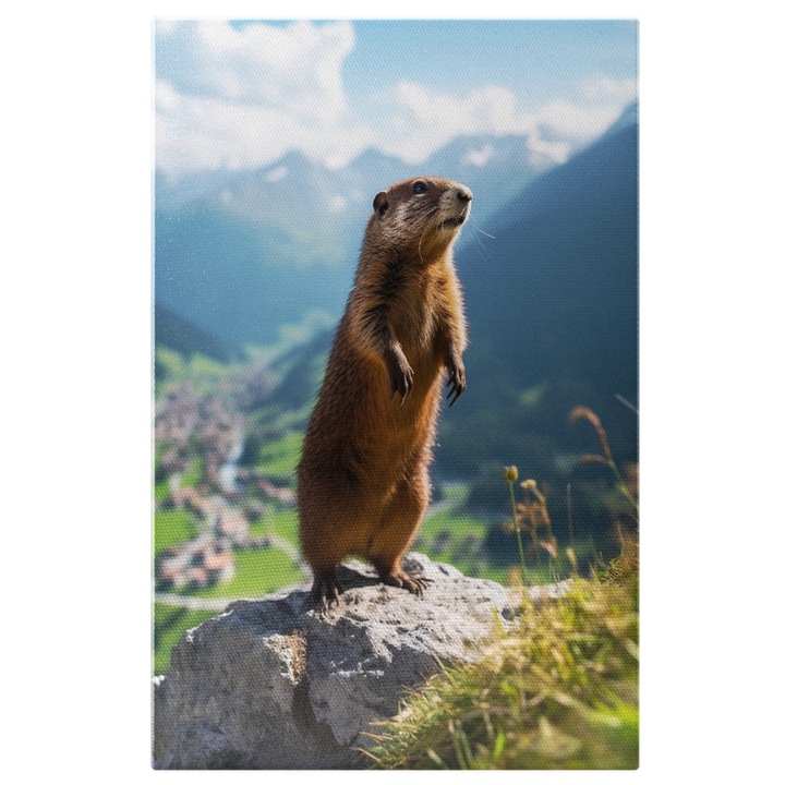 Tablou Canvas: Fotografie cu o marmota care sta in doua picioare - piatra verdeata Pictura Digitala 40x25CM