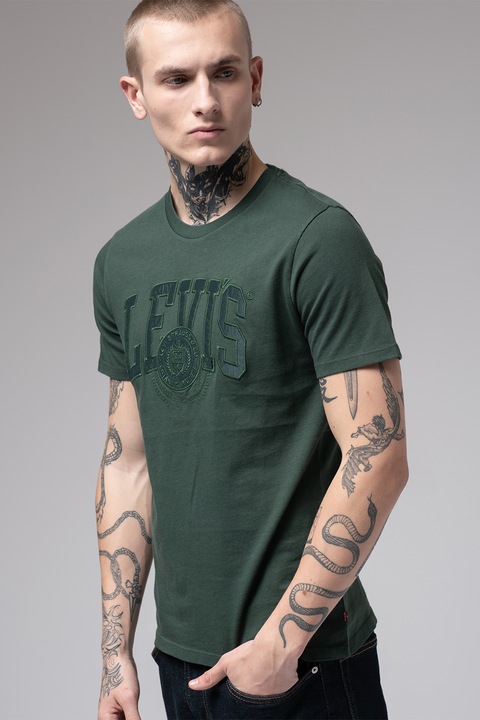 Levi's, Kerek nyakú pamutpóló logóval, Sötétzöld