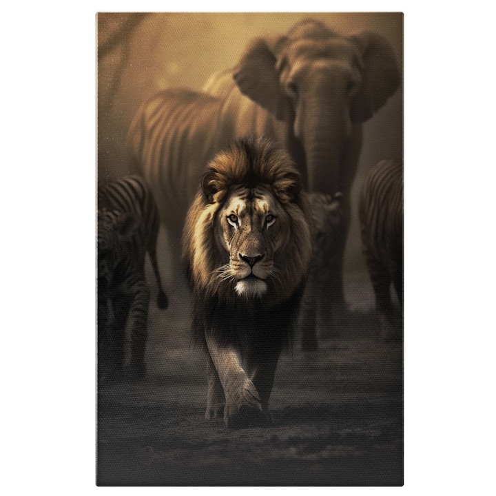 Tablou Canvas: Fotografie cu mai multe animale salbatice - regele junglei leu elefant Pictura Digitala 60x40CM