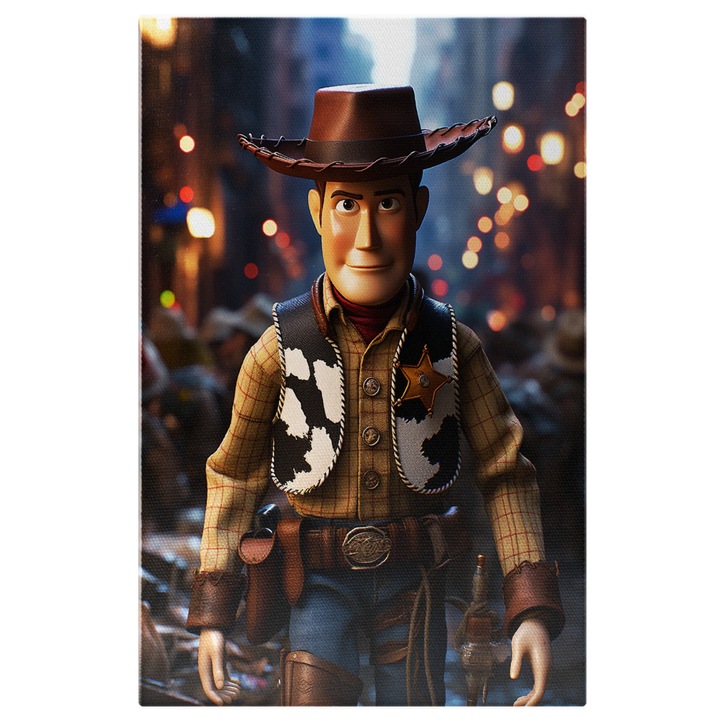 Tablou Canvas: Seriful Woody din Toy Story pe strazile unui oras aglomerat - putin suparat Pictura Digitala 40x25CM
