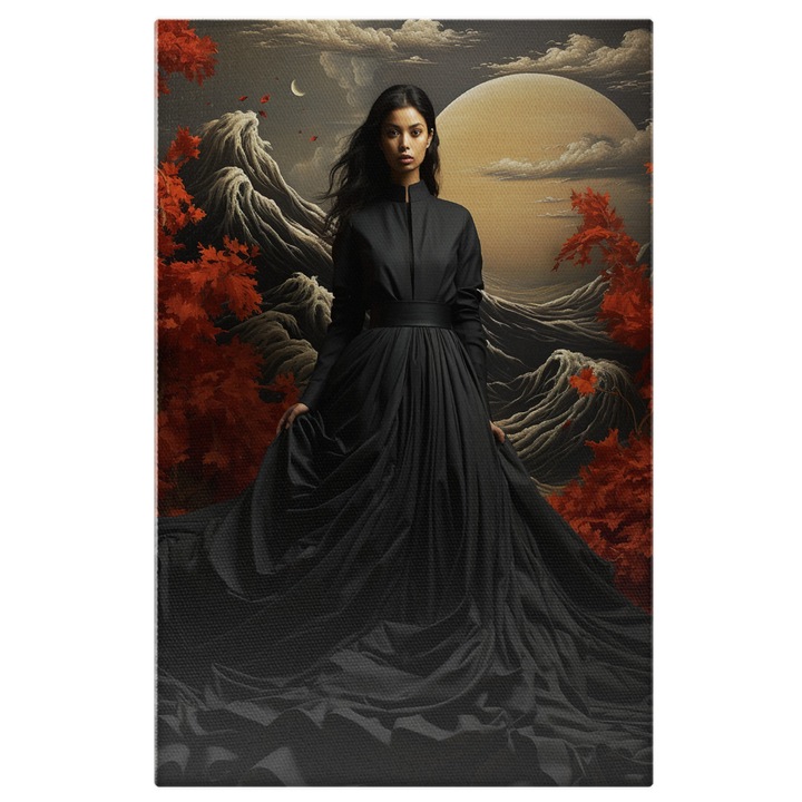 Tablou Canvas: O fata asiatica intr-o rochie neagra - pictura japoneza Pictura Digitala 90x60CM