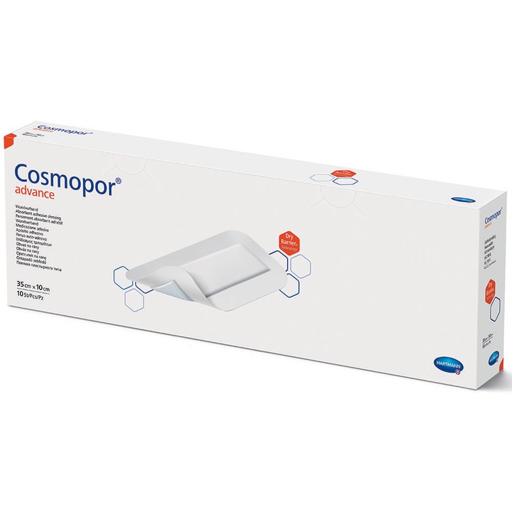 Стерилен самозалепващ се пластир Hartmann с абсорбиращо тяло за защита на всякакви рани Cosmopor Advance, 35 x 10 см, 10 броя
