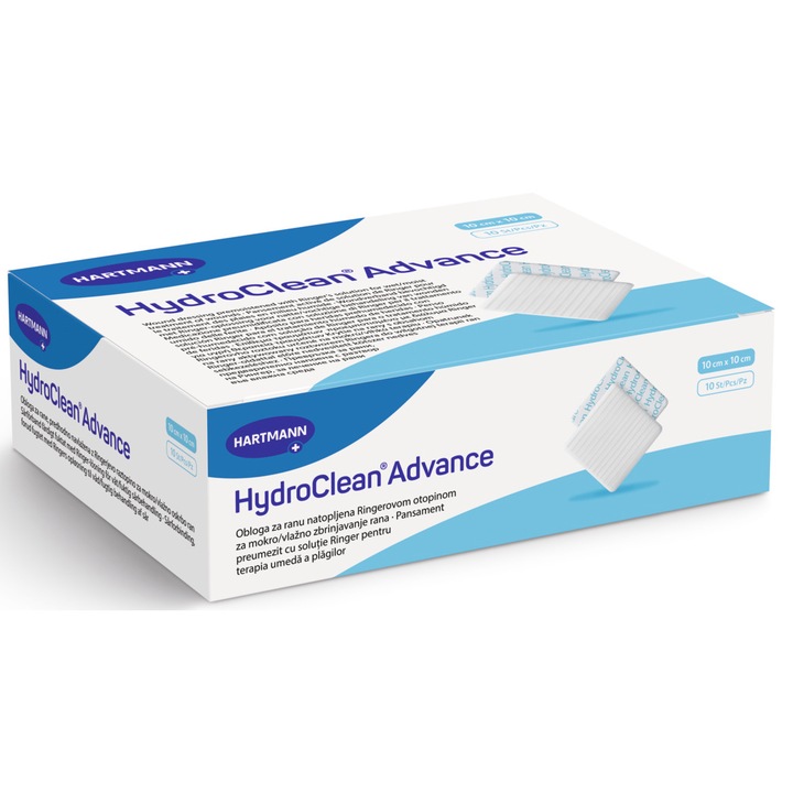 Pansament cu polimer superabsorbant, impregnat cu solutie Ringer, HydroClean Advance, 10x10 cm, Hartmann