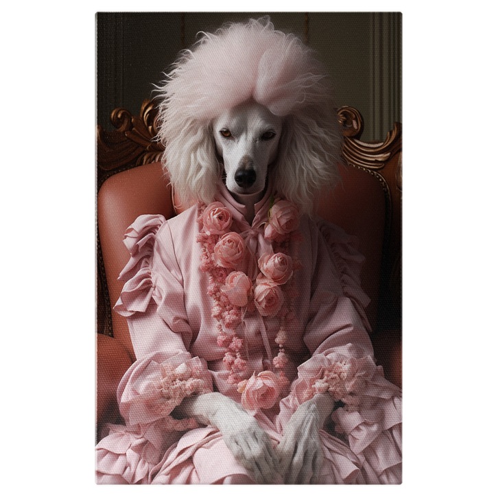 Tablou Canvas: Fotografie cu o catelusa in rochie de moda veche - eleganta fotoliu Pictura Digitala 100x70CM