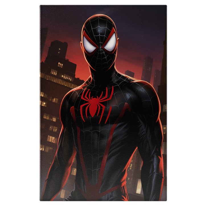 Tablou Canvas: Ilustratie cu personajul Spider-man - Marvel oras costum desen Pictura Digitala 100x70CM