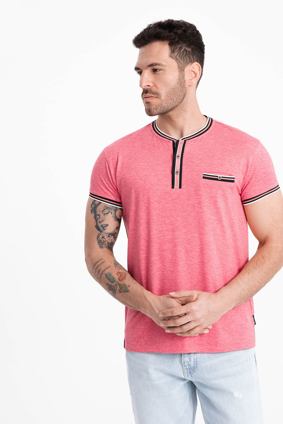 OMBRE, Tricou Henley cu accente in dungi, Negru, Fucsia, L