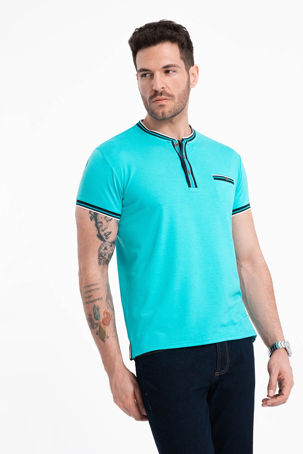 OMBRE, Tricou Henley cu accente in dungi, Negru, Turcoaz, S