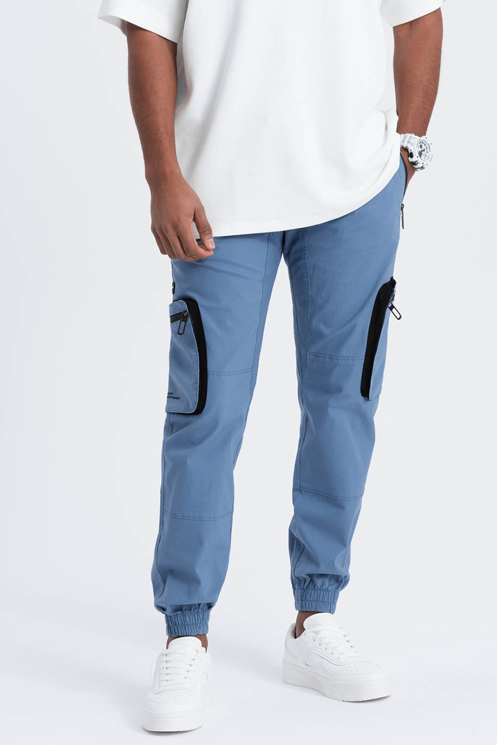 OMBRE, Pantaloni cargo cu mansete elastice, Negru, Albastru, XL